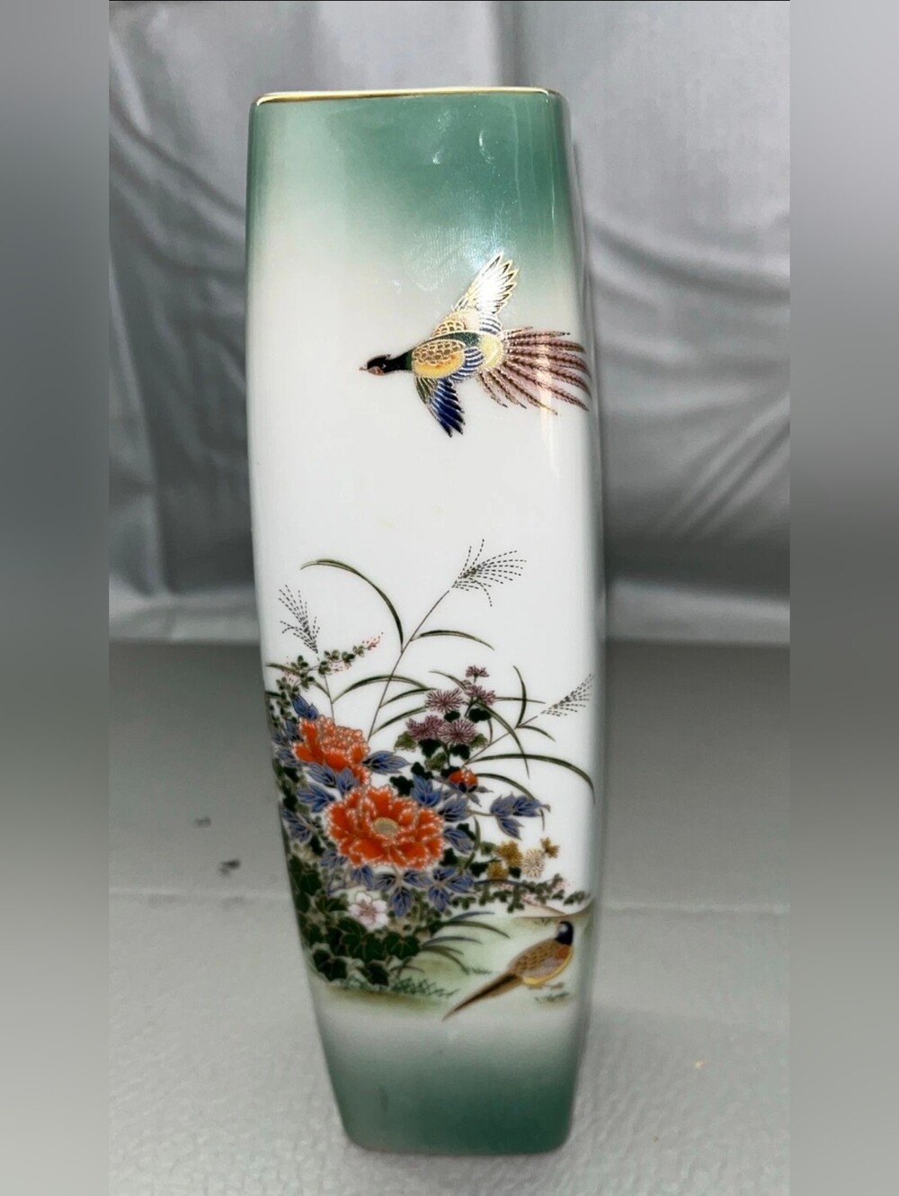 Vtg Toyo Botan Japan Porcelain Tall Sq Vase Pheasant Flying Flowers Garden 9”